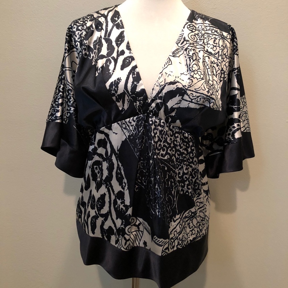 Polyester (feels like silk), blue/white top.